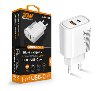 Chytrá síťová nabíječka Aligator Power Delivery 20W USB-C + USB, bílá