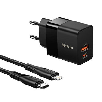 Nástěnná nabíječka Mcdodo CH-1952 USB + USB-C, 20W + kabel USB-C na Lightning (černá) Nástěnná nabíječka Mcdodo CH-1952 USB + USB-C, 20W + kabel USB-C na Lightning (černá)