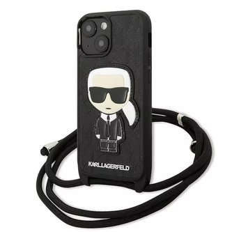 Ochranné pouzdro na telefon Karl Lagerfeld KLHCP13SCMNIPK pro Apple iPhone 13 Mini 5,4" hardcase černá/černá kožená záplata a šňůrka s monogramem Iconik