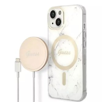 Nabíječka pouzdra Zestaw Guess GUBPP14SHMEACSH iPhone 14 6,1" bílé/bílé pevné pouzdro Marble MagSafe
