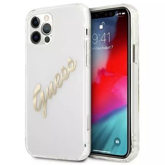 Guess GUHCP12MKTRSVGO iPhone 12/12 Pro 6,1" průhledný pevný obal Vintage Script Gold