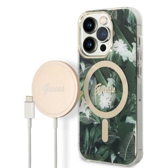 Guess Bundle Pack MagSafe IML Jungle - sada pouzdra pro iPhone 14 Pro Max + nabíječka MagSafe (khaki/zlatá)