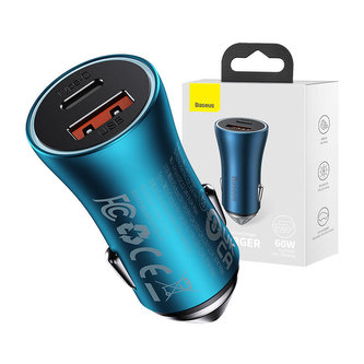 Baseus Golden Contactor Max nabíječka do auta, USB + USB-C, 60 W (modrá)