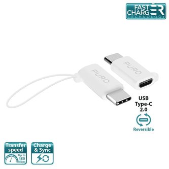 PURO Micro USB na USB-C adaptér - Micro USB na USB-C 2.0 adaptér pro nabíjení a synchronizaci dat, 2A, 480 Mbps + bezpečnostní lano (bílé)
