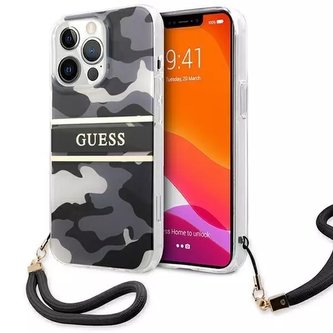 Guess GUHCP13XKCABBK iPhone 13 Pro Max 6,7" černý/černý pevný obal Camo Strap Collection