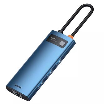 Baseus Metal Gleam 6v1 multifunkční rozbočovač USB Type C - USB Type C Power Delivery 100W / HDMI 4K 30Hz / 3x USB 3.2 Gen 1 / RJ45 1Gbps modrá (WKWG000003)