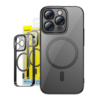 Průhledný magnetický obal Baseus Glitter a sada tvrzeného skla pro iPhone 14 Pro (černý)