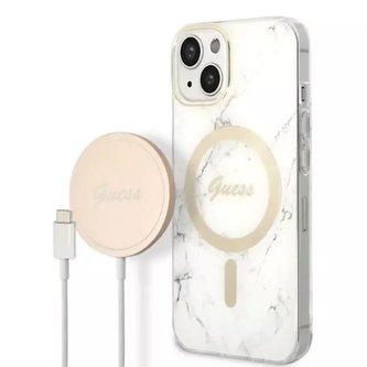 Nabíječka pouzdra Zestaw Guess GUBPP14MHMEACSH iPhone 14 Plus 6,7" bílé/bílé pevné pouzdro Marble MagSafe