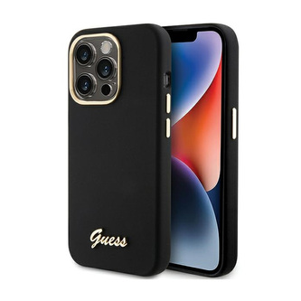 Guess Silicone Script Metal Logo & Frame - pouzdro pro iPhone 15 Pro Max (černé)
