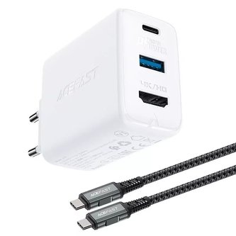 Acefast 2v1 nabíječka GaN 65W USB Type C / USB, adaptér adaptér HDMI 4K @ 60Hz (sada s kabelem) bílá (A17 bílá)