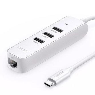 HUB UGREEN 4v1 USB Typ C – 3x USB Typ A 3.1 Gen 1 RJ45 bílý (CM416 50620)