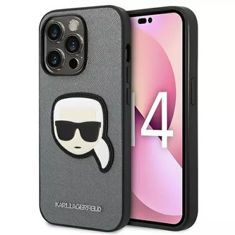 Ochranné pouzdro na telefon Karl Lagerfeld KLHCP14LSAPKHG pro Apple iPhone 14 Pro 6,1" stříbrné/stříbrné pevné pouzdro Saffiano Karl`s Head Patch