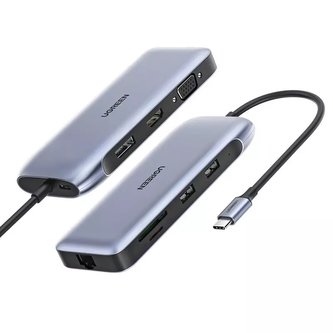 Ugreen multifunkční HUB 9v1 USB Typ C - HDMI, DP, VGA, 2 x USB, RJ45 Ethernet, čtečka SD/TF karet, USB Typ C PD 100W šedý (CM274)