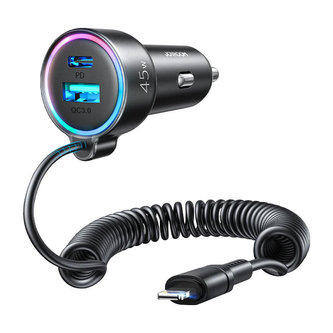 Nabíječka do auta Joyroom JR-CL08, 3 v 1, 1x USB + 1x PD, 55 W + kabel Lightning (černá)