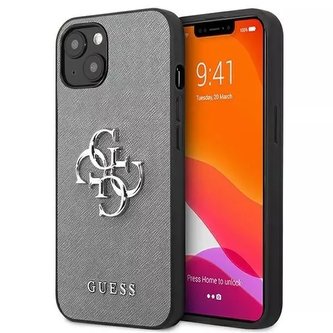 Guess GUHCP13SSA4GSGR iPhone 13 mini 5,4" szary/šedé pevné pouzdro Saffiano 4G Metal Logo
