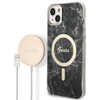 Guess Bundle Pack MagSafe IML Marble - sada pouzdra pro iPhone 14 Plus + nabíječka MagSafe (černá/zlatá)