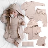 Žebrovaná rostoucí souprava 4D, zavin. body, kalhoty, kabátek a čepička, béžová; 50/56 (0-2m)