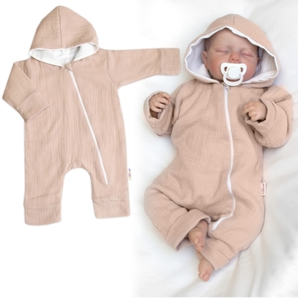 Mušelinový overálek s kapucí, dvouvrstvý, Hand Made, béžový, vel. 56; 56 (1-2m)