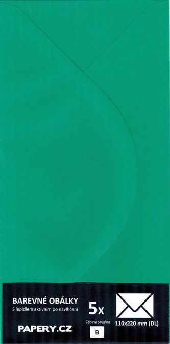 barevná obálka 110x220 mm ZELENÁ VÁNOČNÍ, 5 kusů,110 gm2, olizová