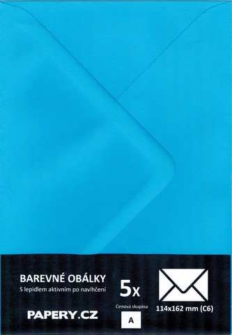 barevná obálka 114X162 mm MODRÁ NEBESKÁ, 5 kusů,110 gm2, olizová