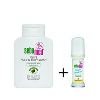 Sebamed Sada Mycí emulze s olivovým olejem na obličej a tělo Classic (Olive Face & Body Wash) 200 ml + Deodorant roll-on balzám Sensitive Classic (Balsam Deodorant) 50 ml woman