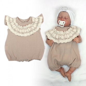 Body s nohavičkami, mušelín s krajkou BOHO - béžové, vel. 68; 68 (3-6m)
