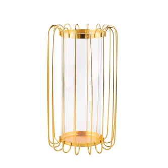 STOJAN NA SVÍČKY S METALOVÝM RÁMEČKEM A SKLENĚNÝM VLOŽKOU 16X16X28CM ZLATÝ