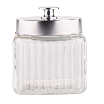 SKLENĚNÁ ČTVERCOVÁ NÁDOBKA S STŘÍBRNÝM VÍČKEM 850ML RELIÉFOVÁ KRYT