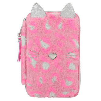 Penál s výbavou Top Model, Plyšová kočička, růžovo-stříbrný, třípatrový