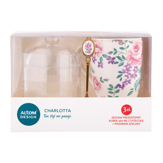 CHARLOTTA DÁRKOVÁ SADA SVĚTLÝ HRNEK SE LŽIČKOU A SKLENĚNOU DÓZIČKOU
