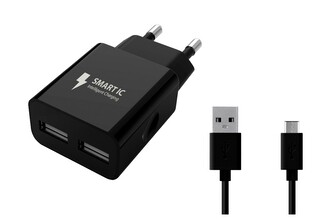 Síťová nabíječka 2xUSB (2,4A)-Smart IC (Type-C cable) (Černá)