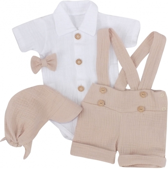 Mušelínové kraťasy s láclem, bodýčko, čepička, motýlek 4D sada, Z&Z, písková/bílá; 56 (1-2m)