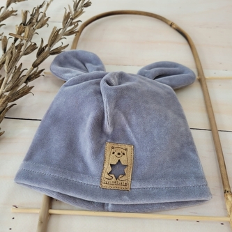 Velurová, semišková čepička s oušky, šedá; 56/62 (0-3m)