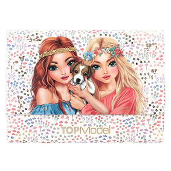 Dopisní sada v pouzdře Top Model, Květinový potisk s pejky, Lexy + Christy