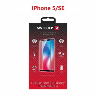 SKLO SWISSTEN FULL GLUE, COLOR FRAME, CASE FRIENDLY PRO APPLE IPHONE 5/SE ČERNÉ