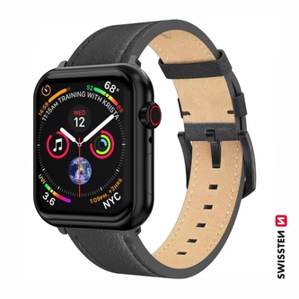 SWISSTEN ŘEMÍNEK PRO APPLE WATCH KOŽENÝ 42 / 44 / 45 / 49 mm ČERNÝ (černá spona a černé poutko)