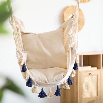 Zavěsné houpací křeslo  Houpačka | MAVRIC | se střapci z džínoviny v barvě ecru | 90x100x130 cm | 890128 Homla