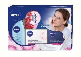 Nivea Regenerating Care denní pleťový krém 50 ml + noční pleťový krém 50 ml + odličovač očí a makeupu 125 ml + balzám na rty Raspberry Rosé 19 ml