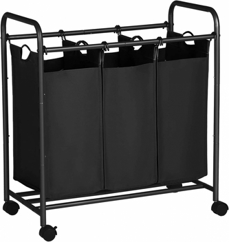 Songmics Koš na tříděné prádlo 3x44l, pojízdný, se třemi koši, černý