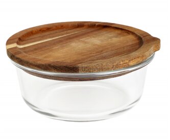 Skleněná dóza | MAIRA | sklo s akátovým víkem M | 15x7 cm | 890937 Homla