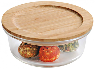 KESPER Skleněná kulatá dóza na potraviny s bambusovým víkem, průměr 13 cm, výška 6 cm