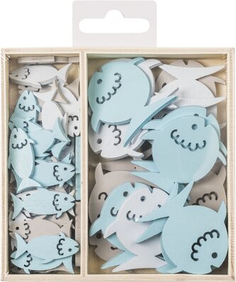 Dřevěné ozdoby v boxu 54ks - rybičky - 2 velikosti, rozměr motivů: 3 cm, 4 cm.