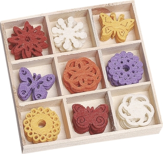 Filcové ozdoby v boxu 45ks - motýlci -  9 motivů po 5ks, rozměr motivu: 3x3cm.