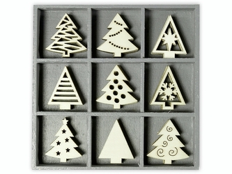 Dřevěné ozdoby v boxu 45ks - stromky - 9 motivů po 5 ks, rozměr motivu: 3x3cm.