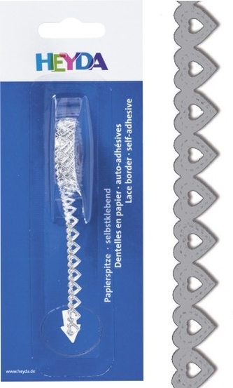 Stříbrná papírová samolepicí krajka srdíčka : délka 2m, šírě 8 mm