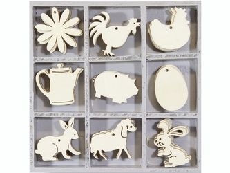 Dřevěné ozdoby v boxu 45ks - statek - 9 motivů po 5 ks, rozměr motivu: 3x3cm.