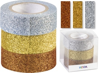 Páska lepicí papírová 3ks: 1,5cm x 3m s glitry měď/zlatá/stříbrná
