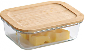 KESPER Skleněná obdélníková dóza na potraviny s bambusovým víkem, 19,6 x 14,5 x 6,1 cm