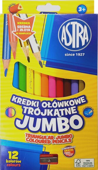 ASTRA Trojhranné pastelky 12ks Jumbo s ořezávátkem (včetně zlaté a stříbrné barvy)