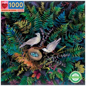 EEBOO Čtvercové puzzle Ptáci v kapradí 1000 dílků